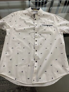 Men's White Short-Sleeve Button-Down Shirt with Navy Micro Print